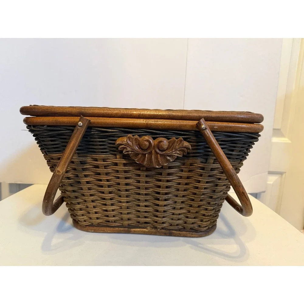 Vintage Woven Wicker Picnic Basket Two Tone Brown Hinged Lid Wood Base Handles